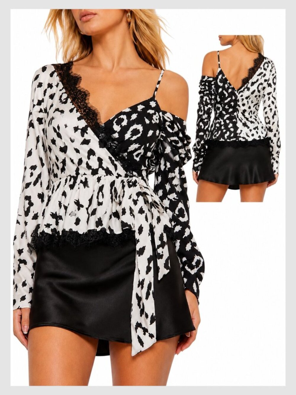 Self-Portrait Wrap Blouse Black White Leopard Print Lace Asymmetric S 2 / 4